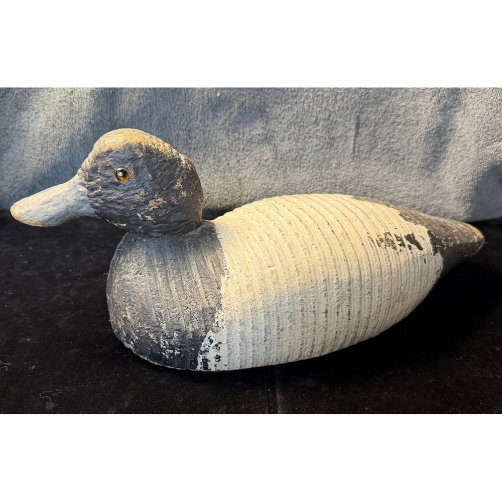 Vintage Hand Carved Cork Body Duck Decoy Wood Head Glass Eyes Bluebill Scaup 12"